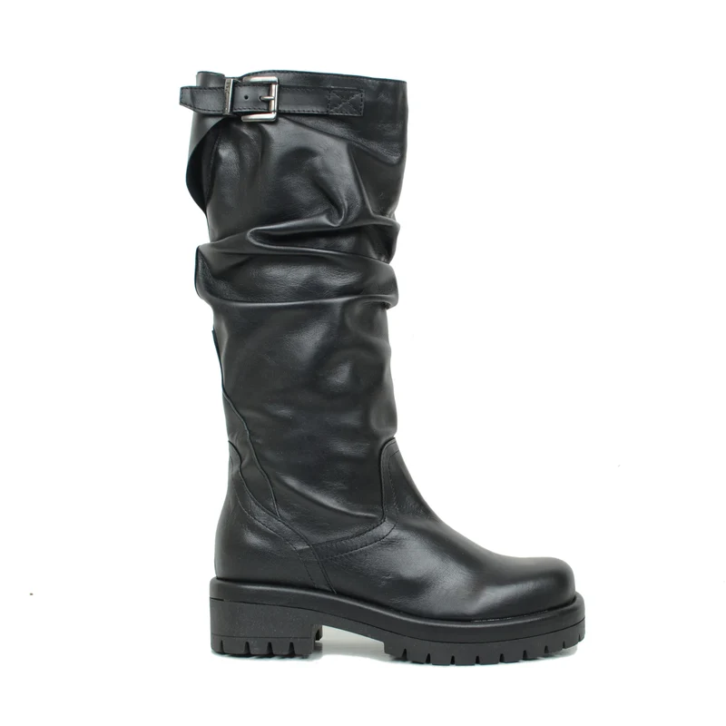 Stivali Donna Biker in Pelle Neri con Fibbia Regolabile