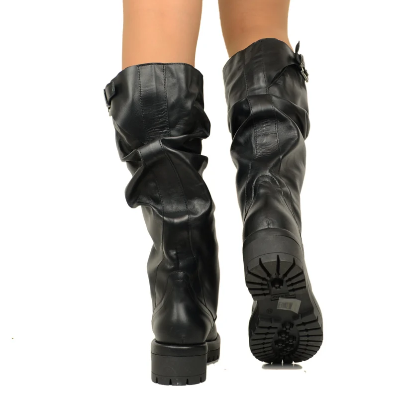 Stivali Donna Biker in Pelle Neri con Fibbia Regolabile