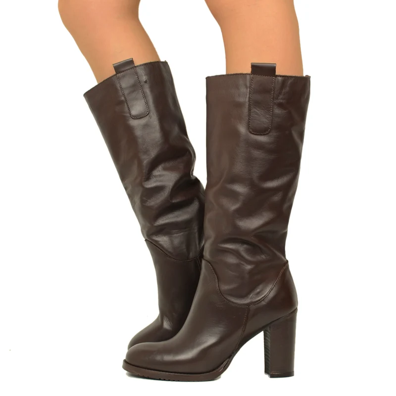 Stivali Donna Testa di Moro in Pelle con Tacco Alto Made in Italy