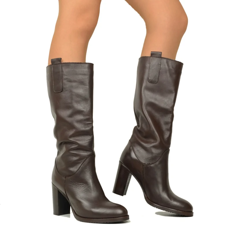 Stivali Donna Testa di Moro in Pelle con Tacco Alto Made in Italy