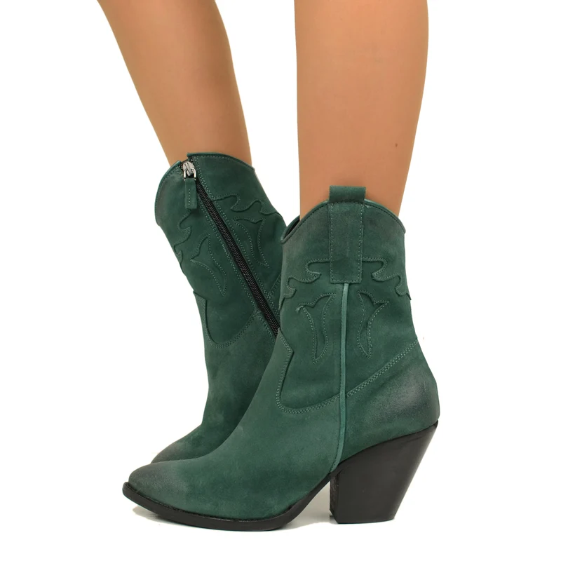 Stivaletti Texani Donna in Pelle Scamosciata Verde Bottiglia con Zip