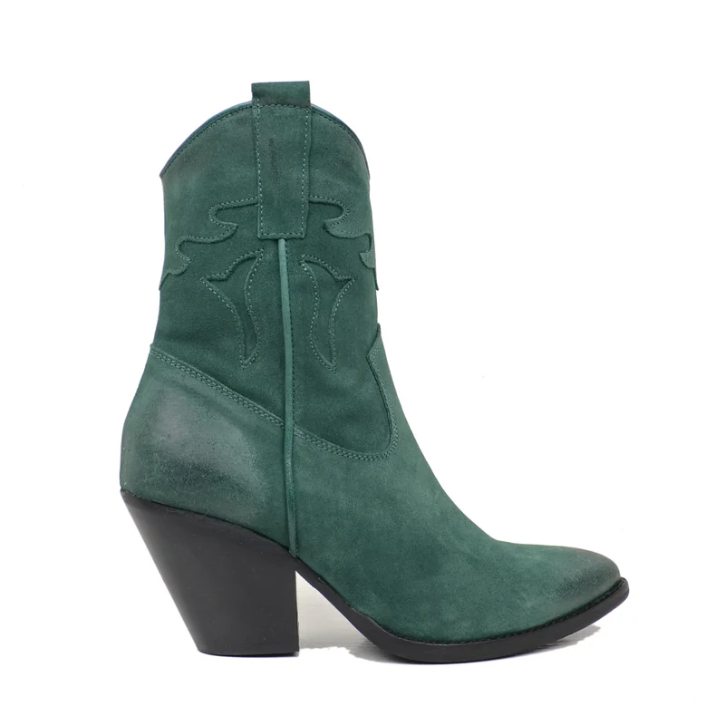 Stivaletti Texani Donna in Pelle Scamosciata Verde Bottiglia con Zip
