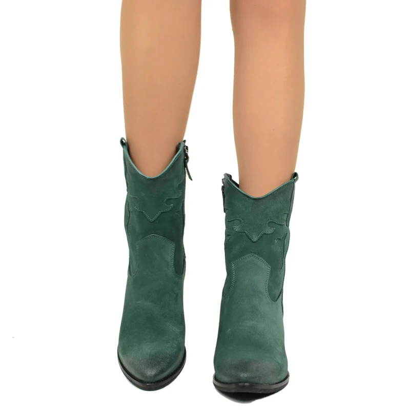 Stivaletti Texani Donna in Pelle Scamosciata Verde Bottiglia con Zip