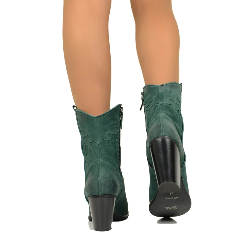 Stivaletti Texani Donna in Pelle Scamosciata Verde Bottiglia con Zip