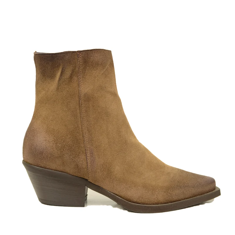 Stivaletti Texani Donna in Pelle Scamosciata Taupe con Zip