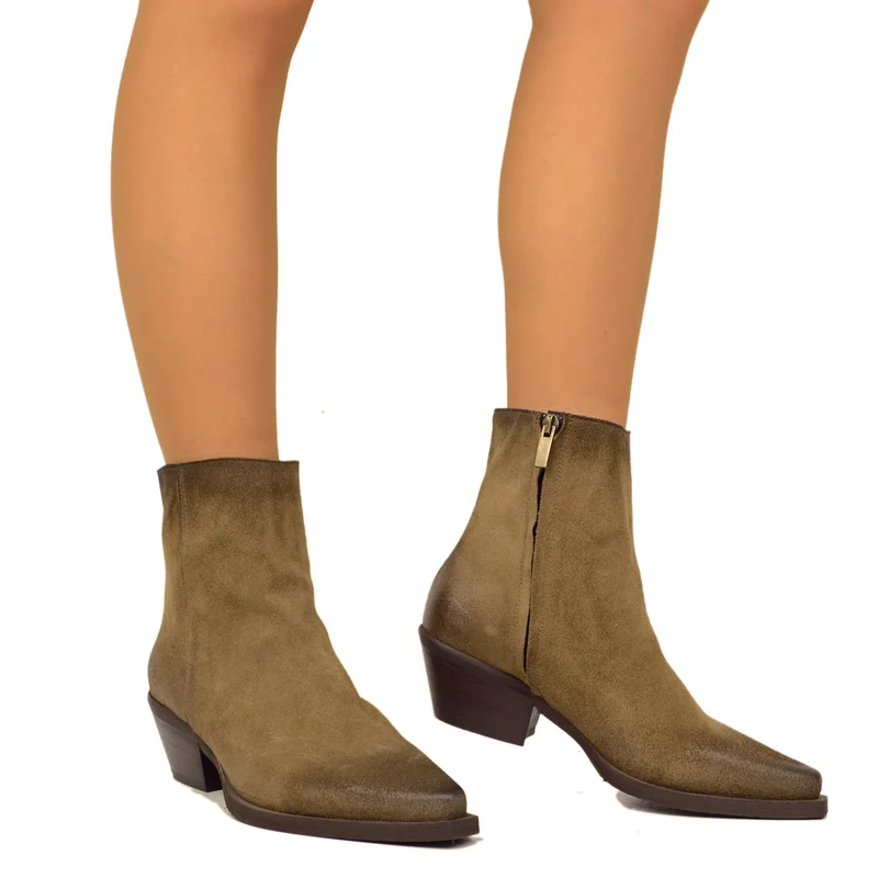 Stivaletti Texani Donna in Pelle Scamosciata Taupe con Zip