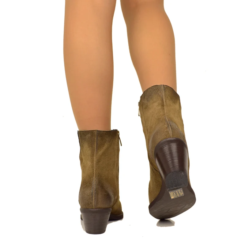 Stivaletti Texani Donna in Pelle Scamosciata Taupe con Zip