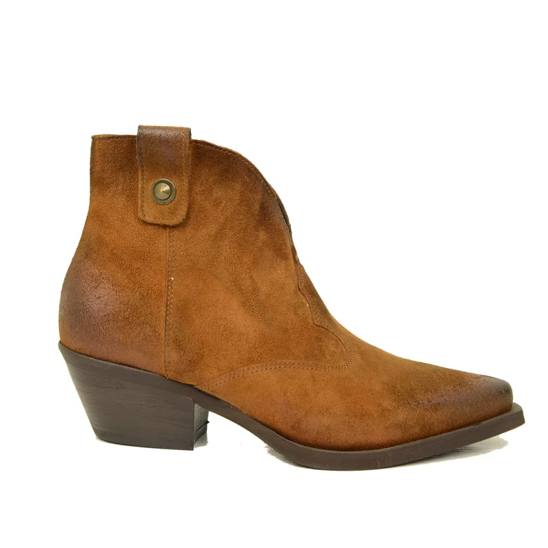 Stivaletti Texani Donna in Pelle Cuoio con Zip Made in Italy