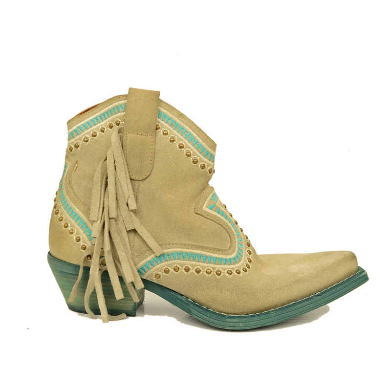 Stivaletti Texani Taupe in Pelle Scamosciata con Borchie e Frange
