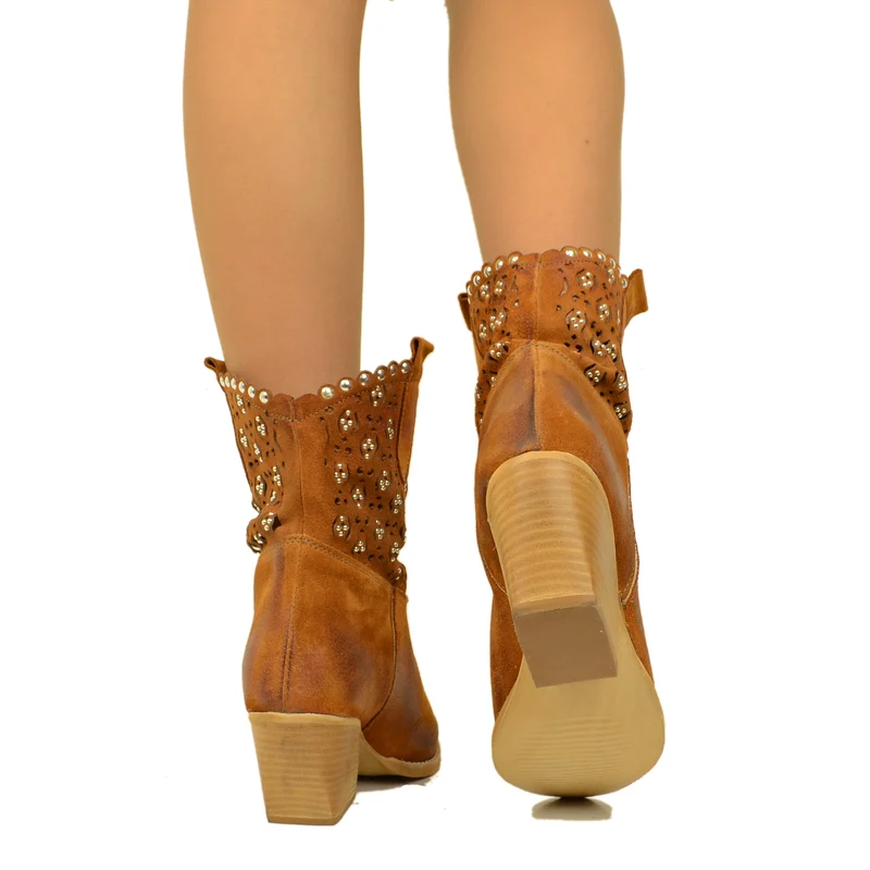 Stivaletti Texani Donna Cuoio in Pelle Scamosciata con Borchie
