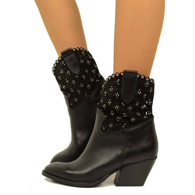 Stivaletti Texani Donna Neri in Pelle con Borchie Made in Italy
