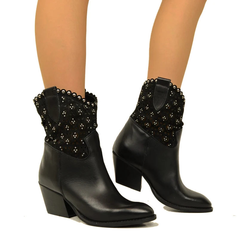 Stivaletti Texani Donna Neri in Pelle con Borchie Made in Italy