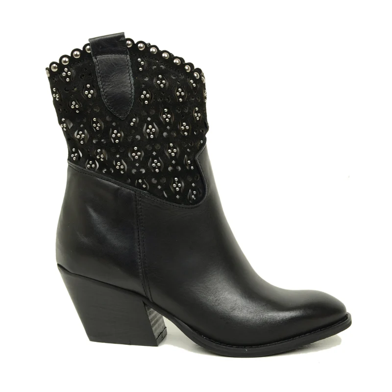 Stivaletti Texani Donna Neri in Pelle con Borchie Made in Italy