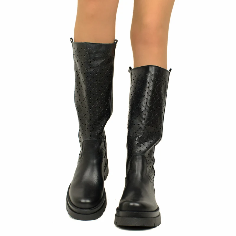 Stivali Donna Traforati Neri in Pelle con Fondo Platform