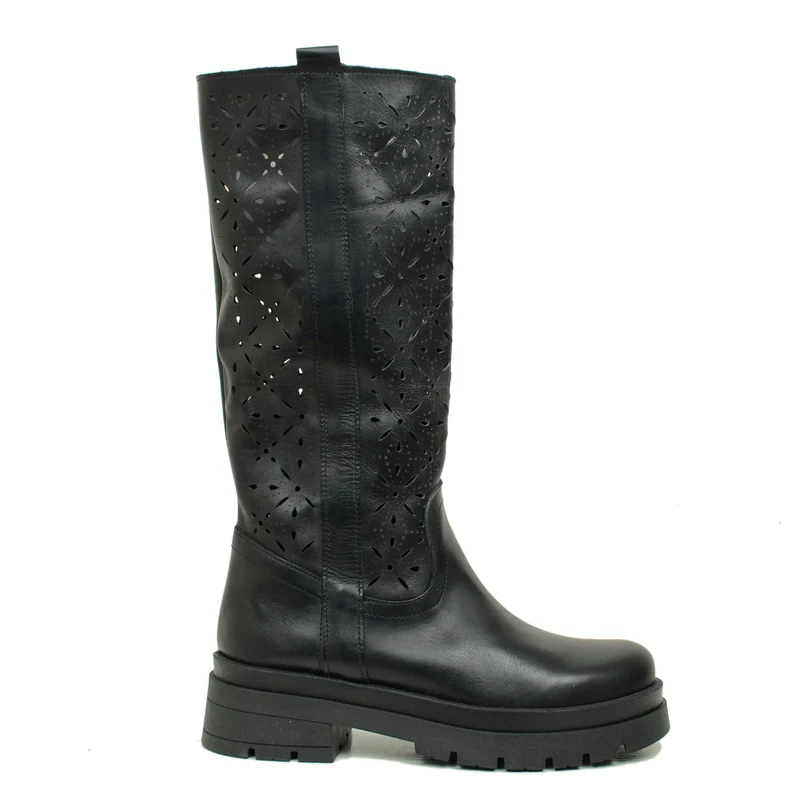 Stivali Donna Traforati Neri in Pelle con Fondo Platform