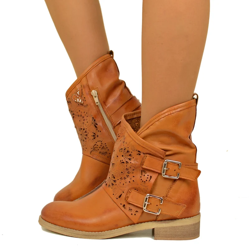 Stivali Donna Cuoio Traforati Biker con Ghetta in Pelle