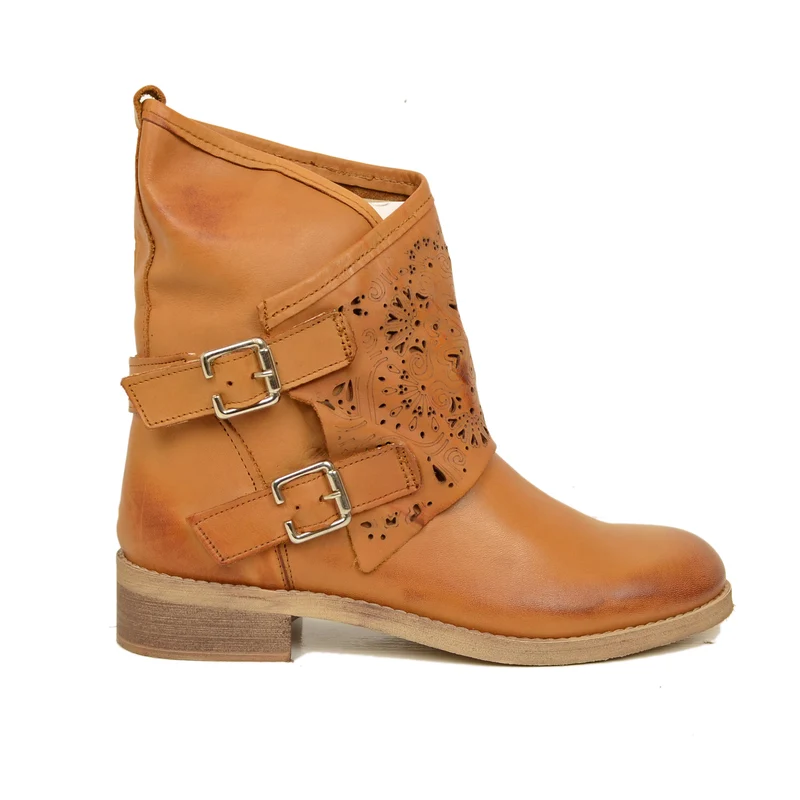 Stivali Donna Cuoio Traforati Biker con Ghetta in Pelle