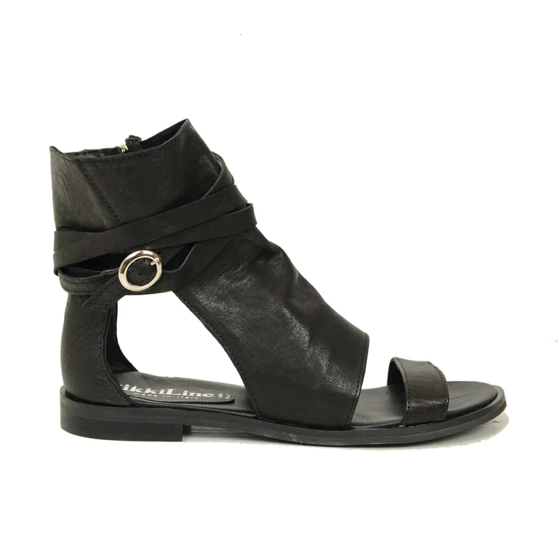 Sandali a Stivaletto Donna Neri in Pelle con Fibbia e Zip
