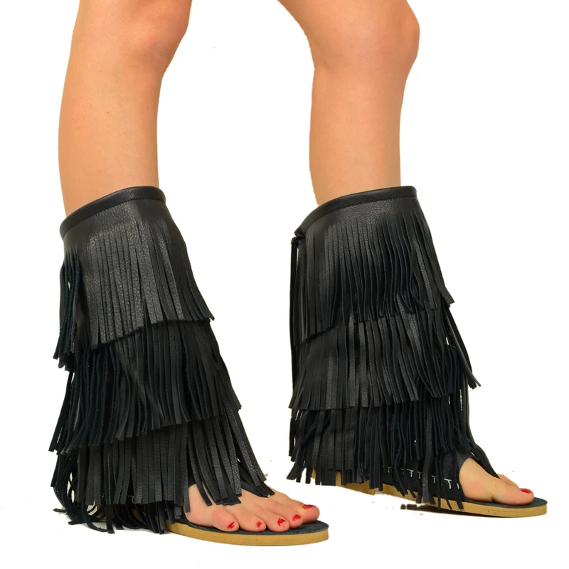 Stivali Donna Indianini Infradito in Pelle Neri con Frange