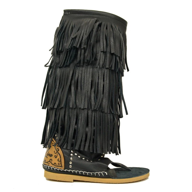 Stivali Donna Indianini Infradito in Pelle Neri con Frange