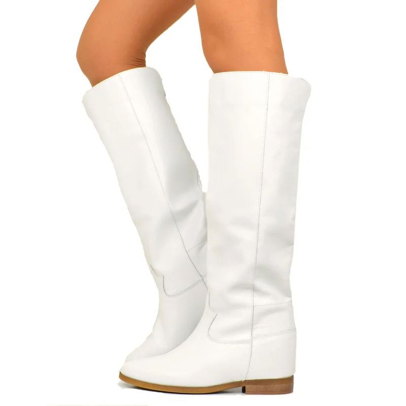 Stivali Donna Bianchi in Pelle con Zeppa Interna Made in Italy