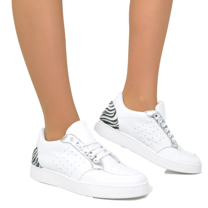 Sneakers Donna in Pelle Bianca con Tallonetta Zebrata