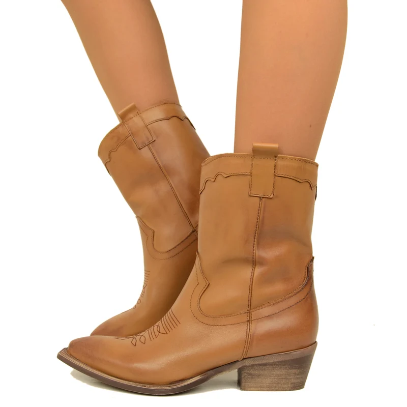 Stivaletti Donna Texani in Pelle Marroni Made in Italy