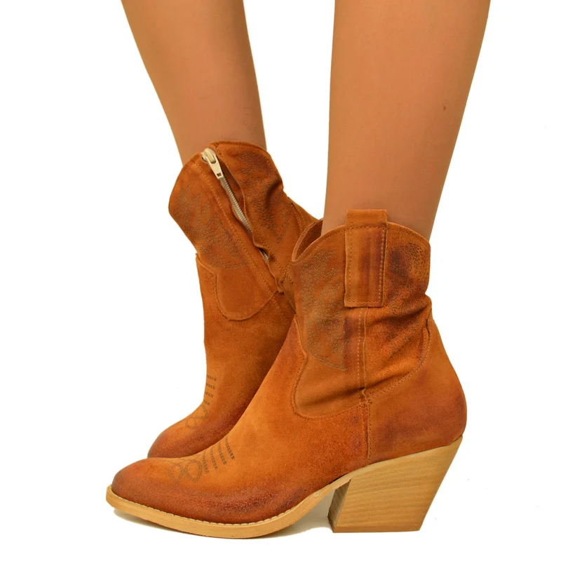 Stivaletti Texani Donna Cuoio in Pelle Scamosciata Made in Italy