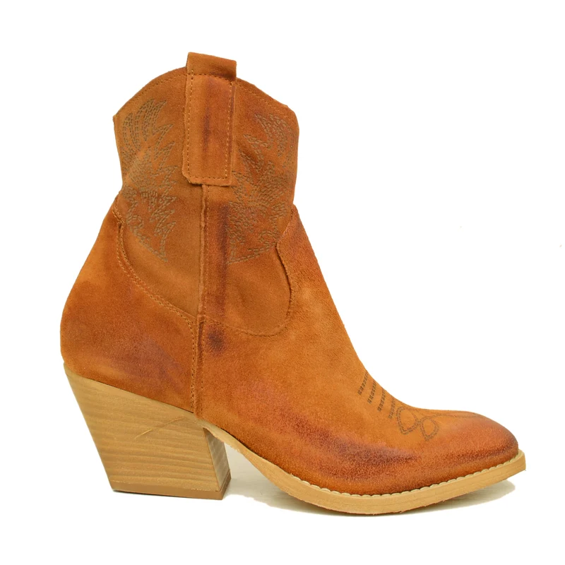 Stivaletti Texani Donna Cuoio in Pelle Scamosciata Made in Italy