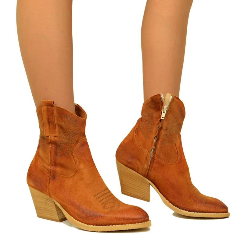Stivaletti Texani Donna Cuoio in Pelle Scamosciata Made in Italy