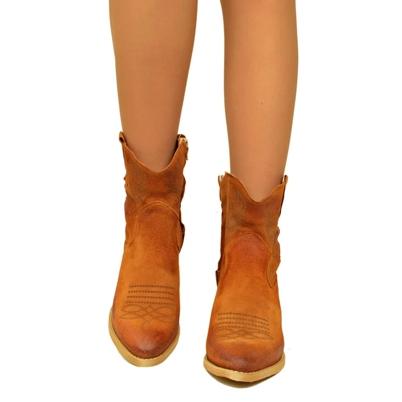 Stivaletti Texani Donna Cuoio in Pelle Scamosciata Made in Italy