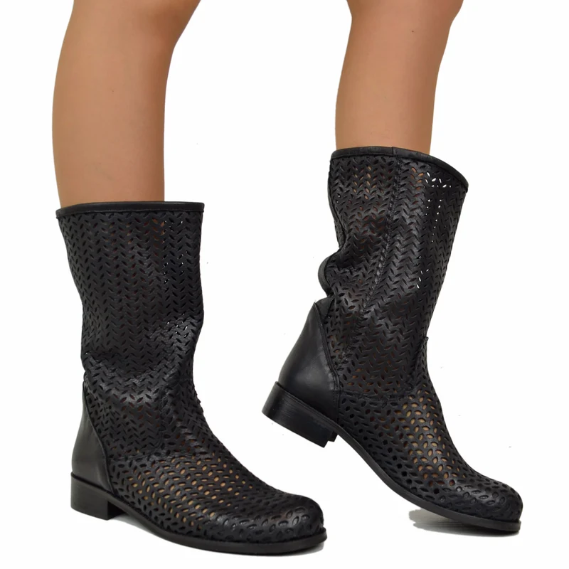 Stivali Donna Estivi Traforati Neri con Tacco Basso Made in Italy