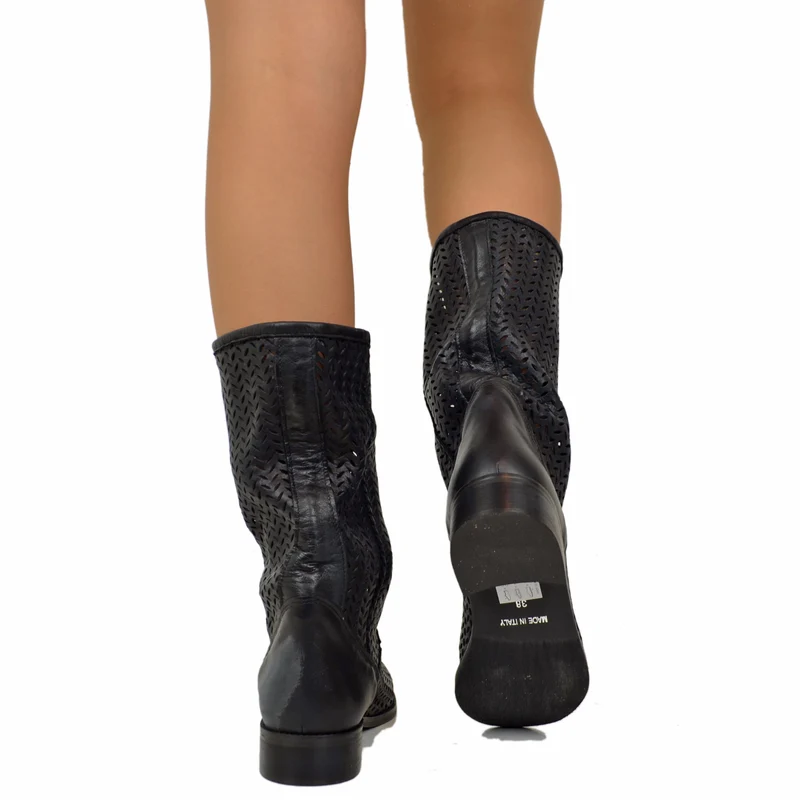 Stivali Donna Estivi Traforati Neri con Tacco Basso Made in Italy
