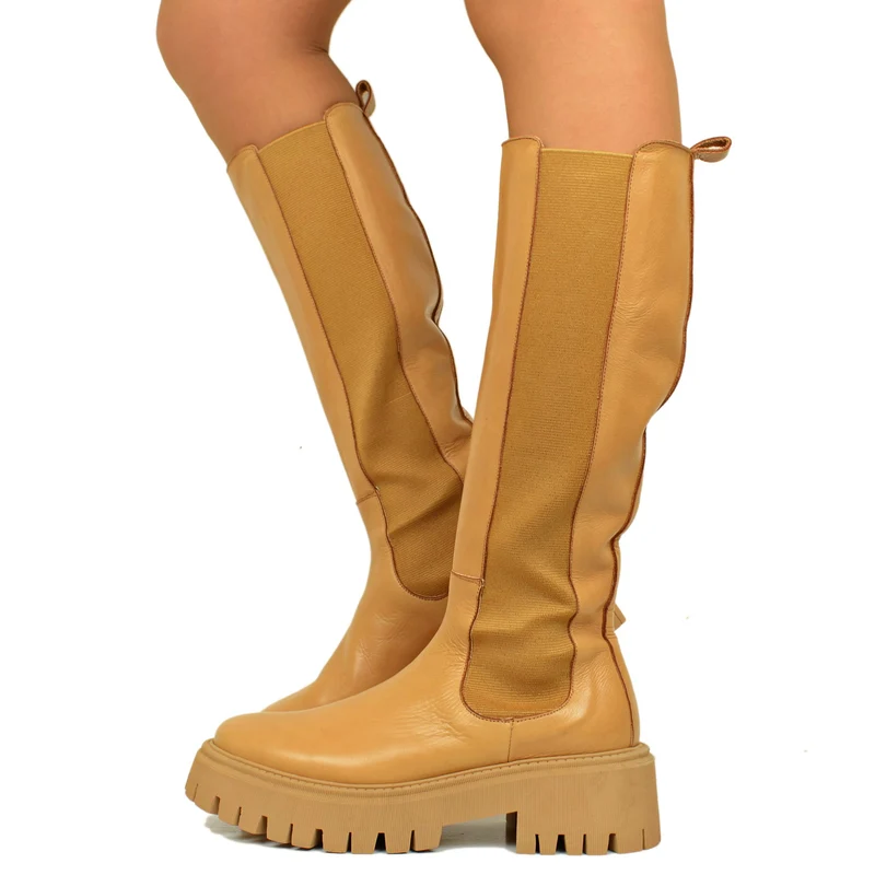 Stivali Donna Cuoio con Inserti Elasticizzati Made in Italy