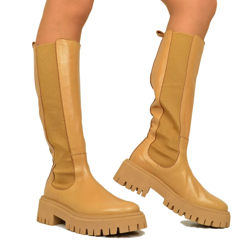 Stivali Donna Cuoio con Inserti Elasticizzati Made in Italy