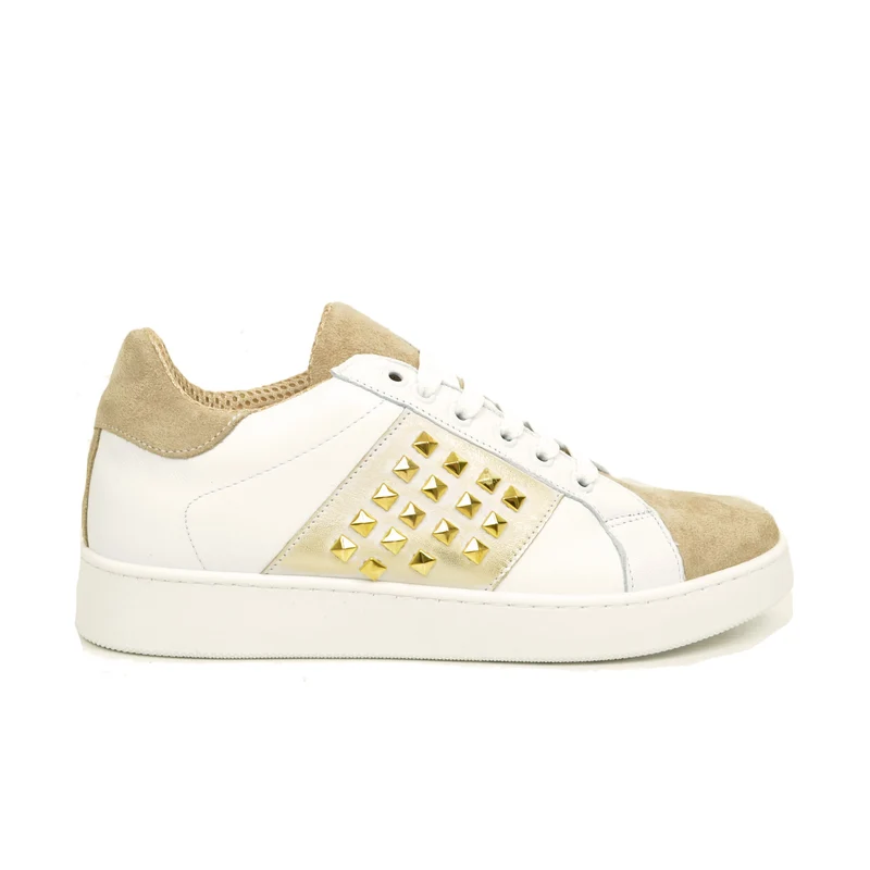 Sneakers Donna Bianche e Camoscio Beige con Borchie