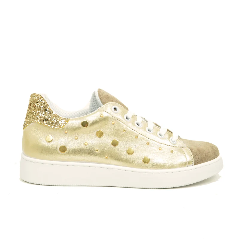 Sneakers Donna in Pelle Platino con Borchie e Glitter