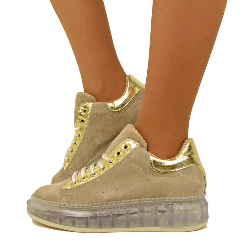 Sneakers Donna Camoscio Beige con Tallonetta color Platino