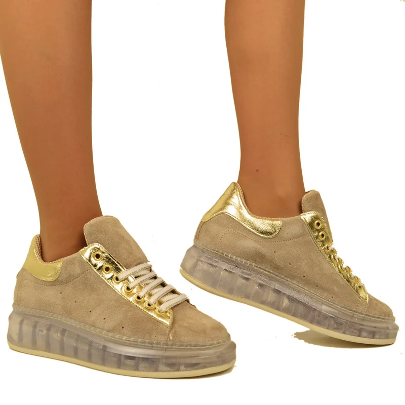 Sneakers Donna Camoscio Beige con Tallonetta color Platino