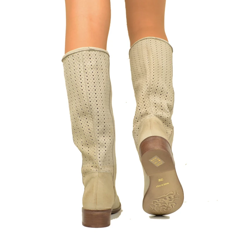 Stivali Donna Traforati Taupe in Pelle Nabuk Made in Italy