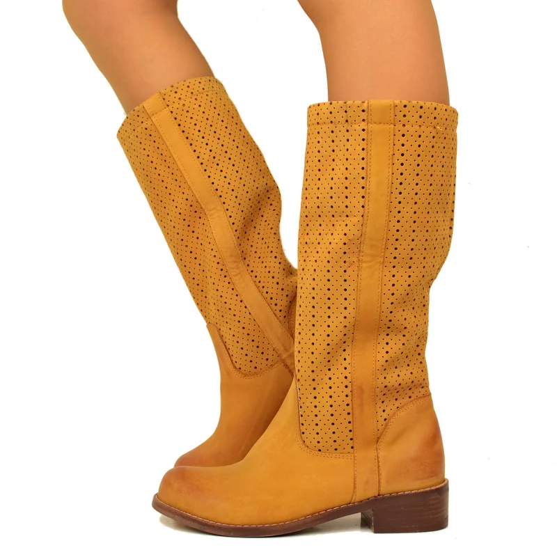 Stivali Donna Traforati Cuoio in Pelle Nabuk Made in Italy