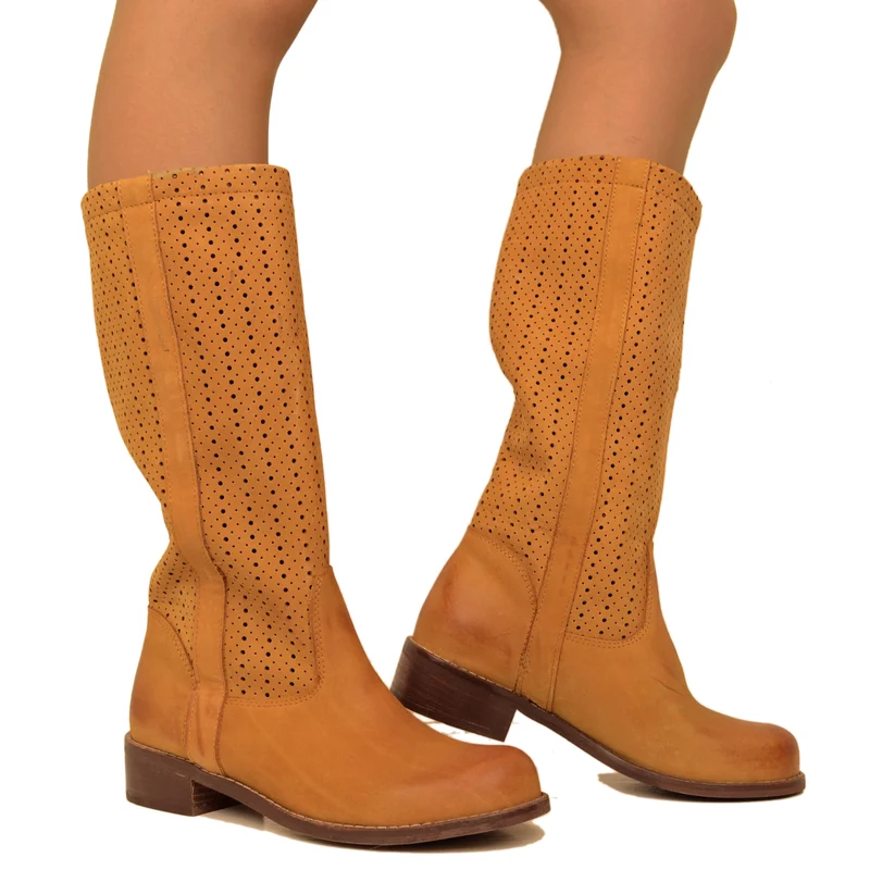 Stivali Donna Traforati Cuoio in Pelle Nabuk Made in Italy