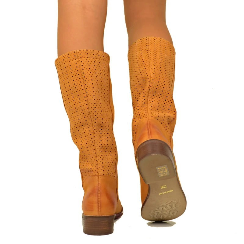 Stivali Donna Traforati Cuoio in Pelle Nabuk Made in Italy