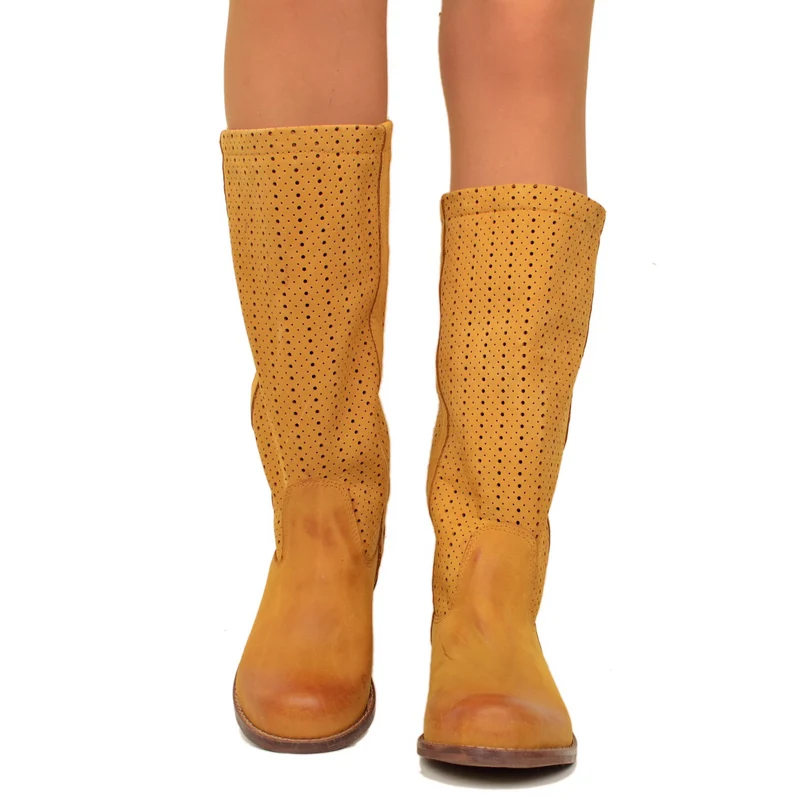 Stivali Donna Traforati Cuoio in Pelle Nabuk Made in Italy