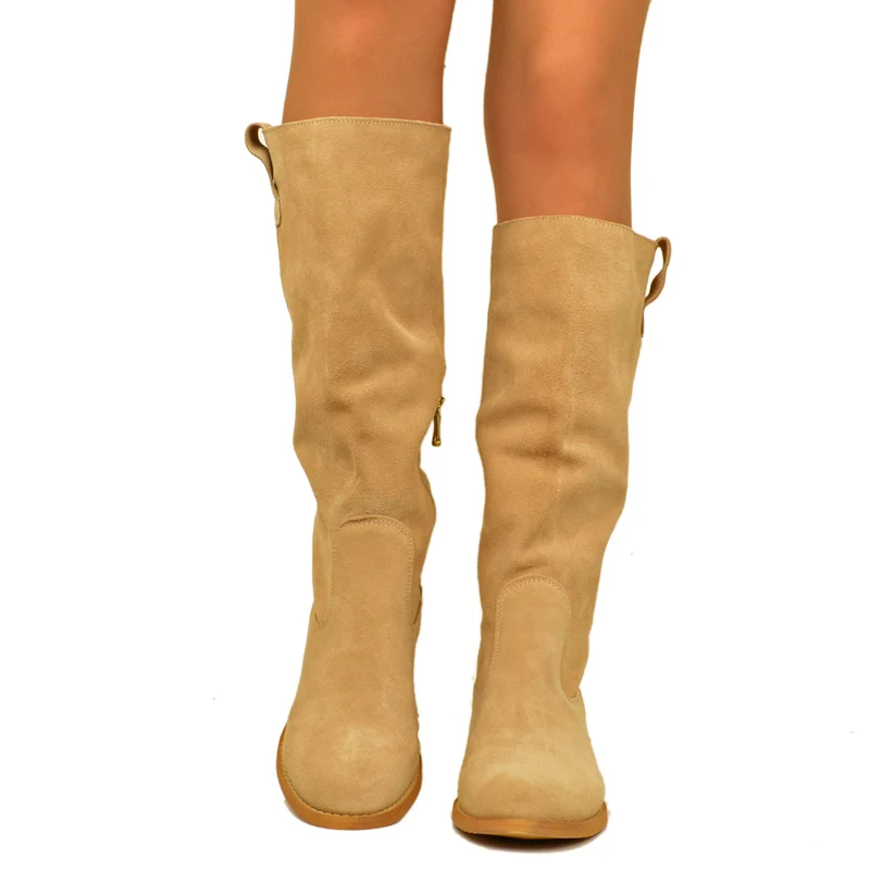 Stivali Donna Alti in Camoscio Beige con Zip Made in Italy