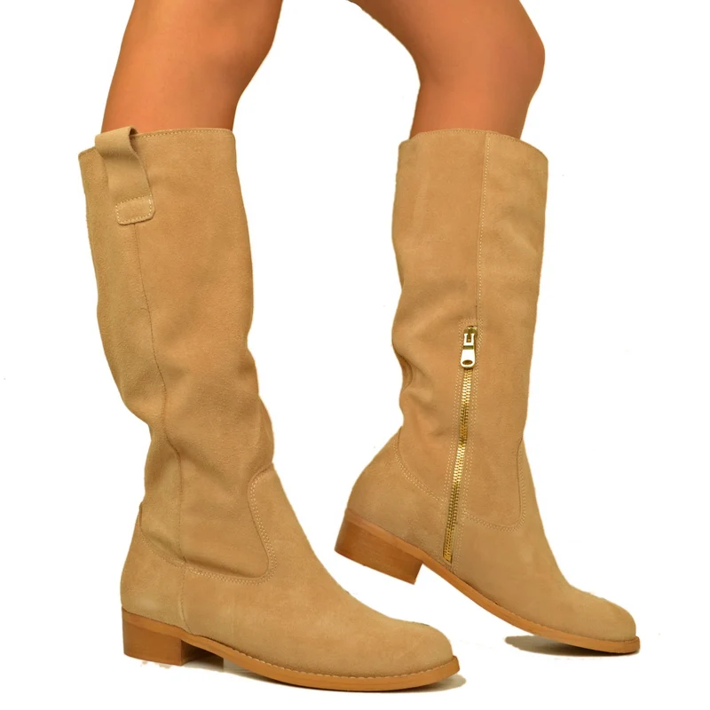 Stivali Donna Alti in Camoscio Beige con Zip Made in Italy