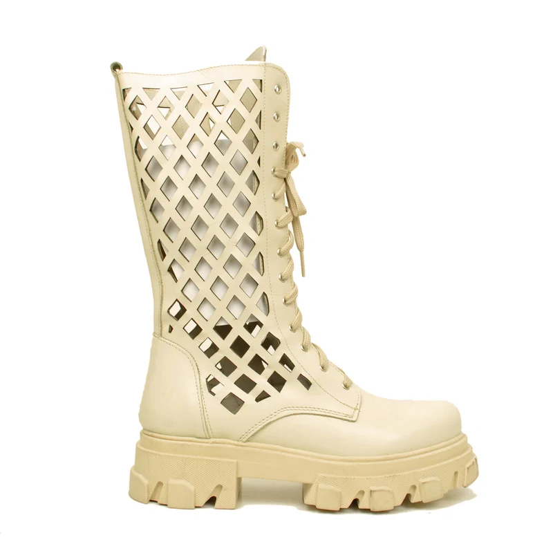 Stivali Donna Anfibi Beige Traforati con Zip Made in Italy