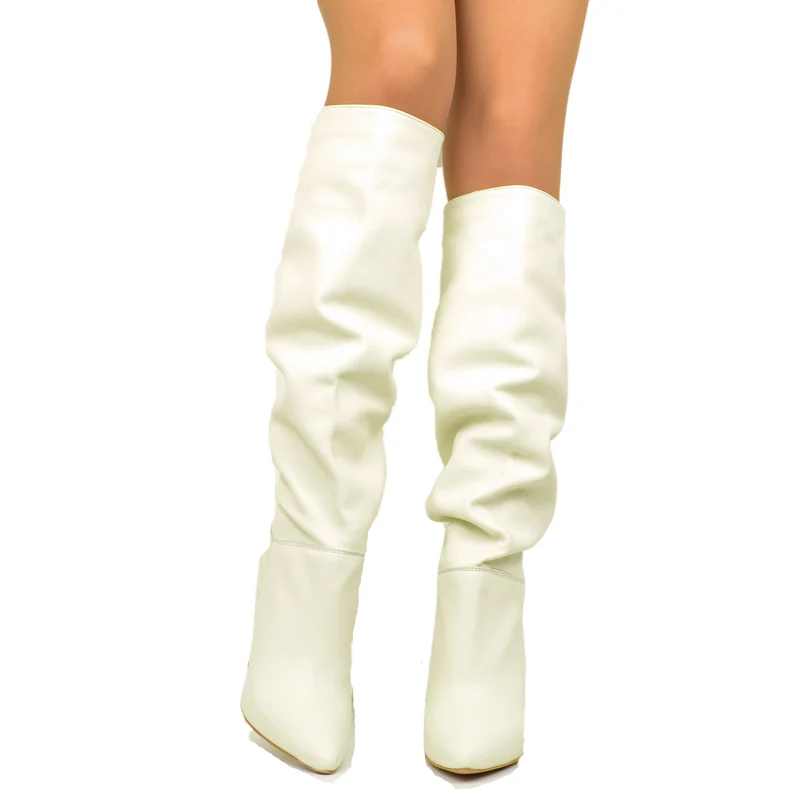 Stivali Donna Alti color Latte in Pelle con Tacco Alto