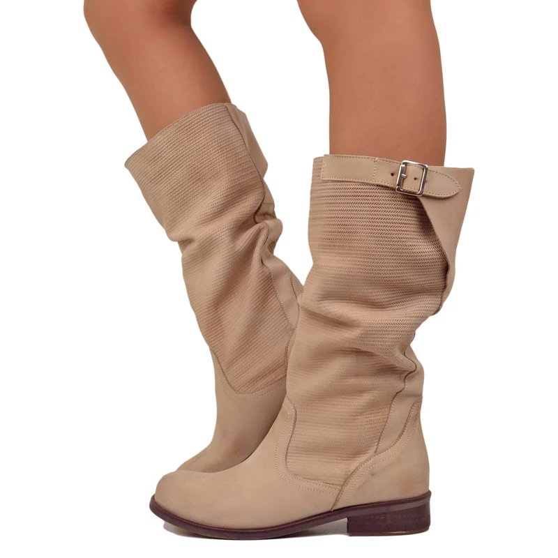 Stivali Donna Morbidi Gambale Zigrinato Pelle Vintage Cipria