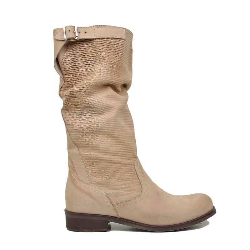 Stivali Donna Morbidi Gambale Zigrinato Pelle Vintage Cipria